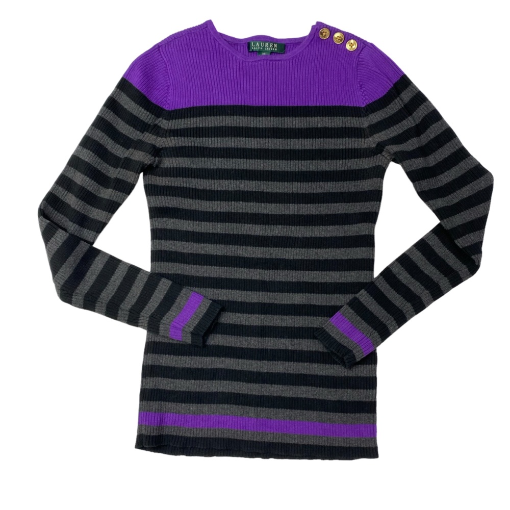 Lauren Ralph Lauren black gray purple striped ribbed knit sweater gold button XS